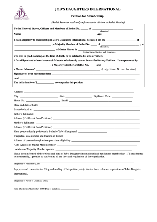 Fillable Petition For Membership - Michigan Jobs Daughters Form Printable pdf