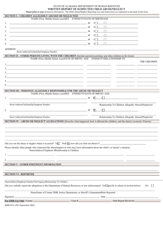 Form Dhr-Fcs-1593 - Written Report Of Suspected Child Abuse/neglect Printable pdf