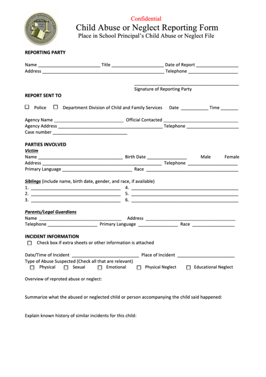 Child Abuse Or Neglect Reporting Form - Confidential Printable pdf