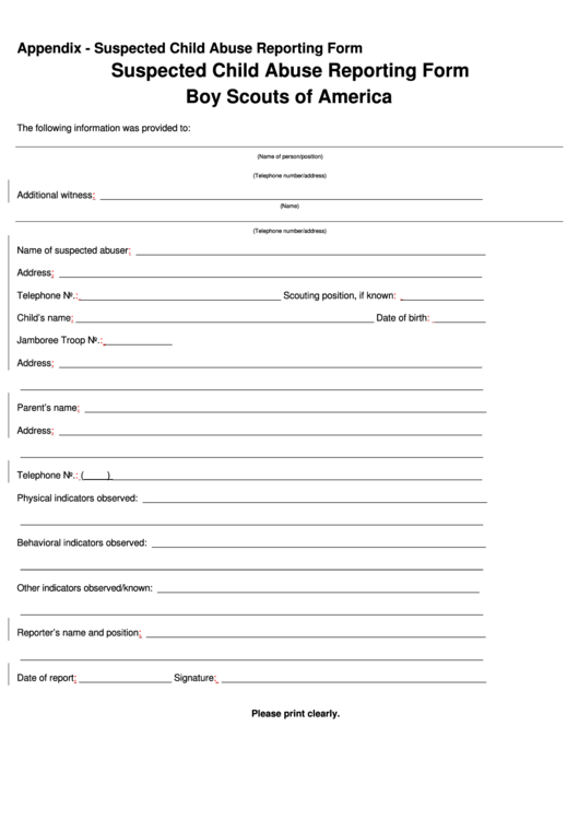 Suspected Child Abuse Reporting Form Boy Scouts Of America Printable pdf