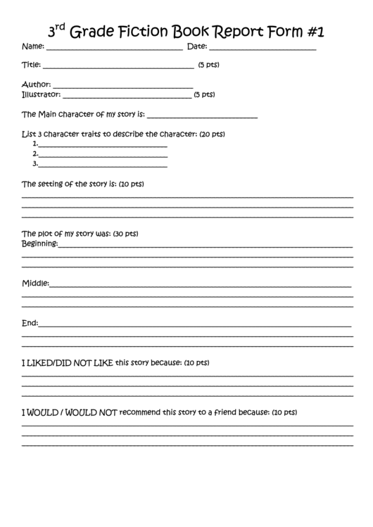 3rd Grade Fiction Book Report Form Printable pdf