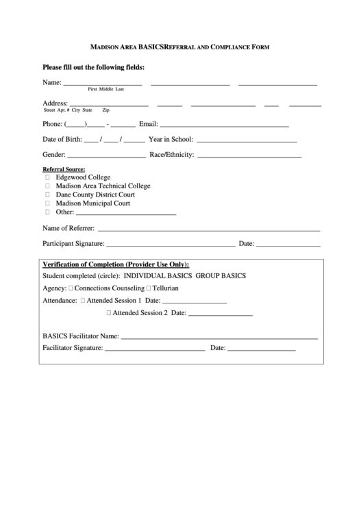 Non Uw Students Compliance Form - Madison Area Basics Printable pdf