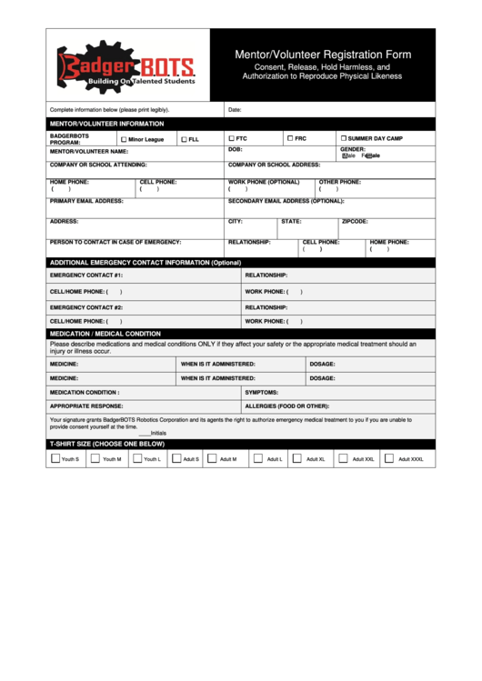 Mentor Volunteer Registration Form - Badgerbots Printable pdf