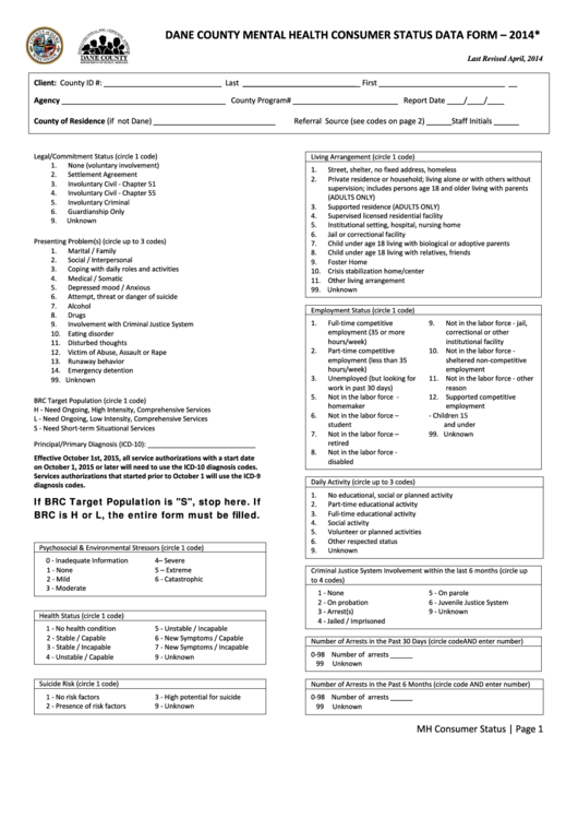 Dane County Mental Health Consumer Status Data Form Printable pdf