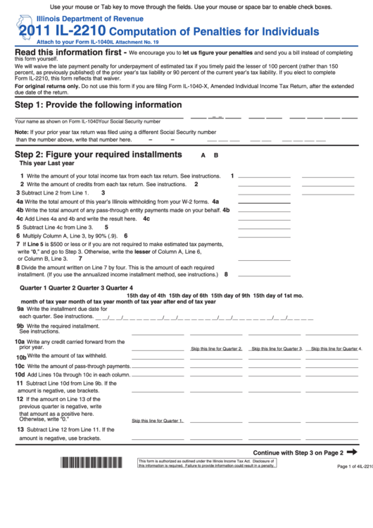 Fillable Form Il-2210 - Computation Of Penalties For Individuals - 2011 Printable pdf