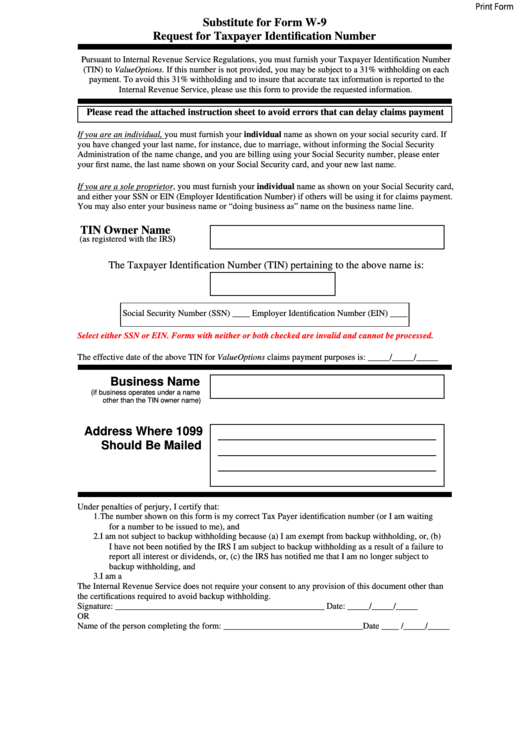 Fillable Substitute For Form W-9 - Request For Taxpayer Identification Number Printable pdf