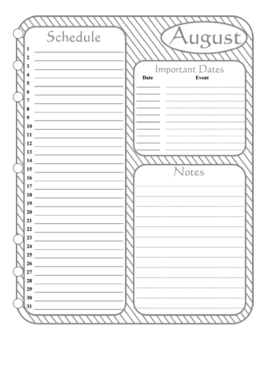 Monthly Planner - August Printable pdf