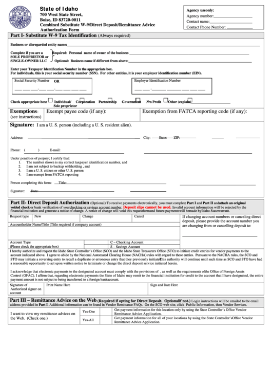 Fillable Combined Substitute W-9/direct Deposit/remittance Advice Authorization Form - State Of Idaho Printable pdf