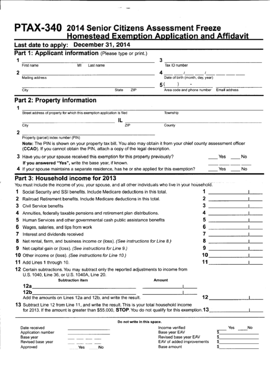 Fillable Form Ptax-340 - 2014 Senior Citizens Assessment Freeze Homestead Exemption Application And Affidavit Printable pdf