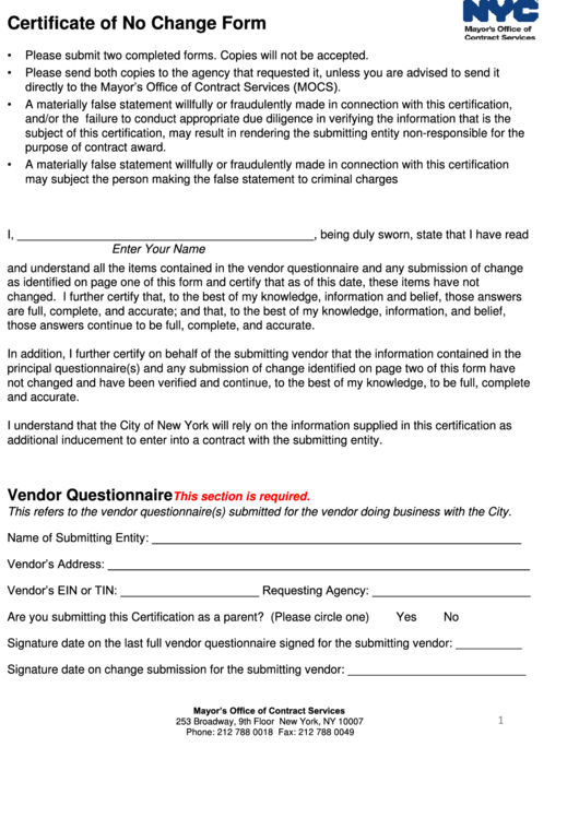 Certificate Of No Change Form - Nyc Printable pdf