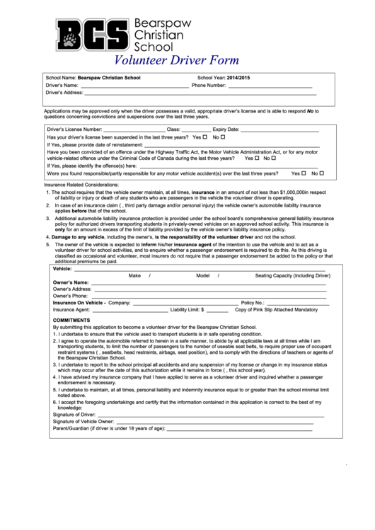 Volunteer Driver Form Printable pdf