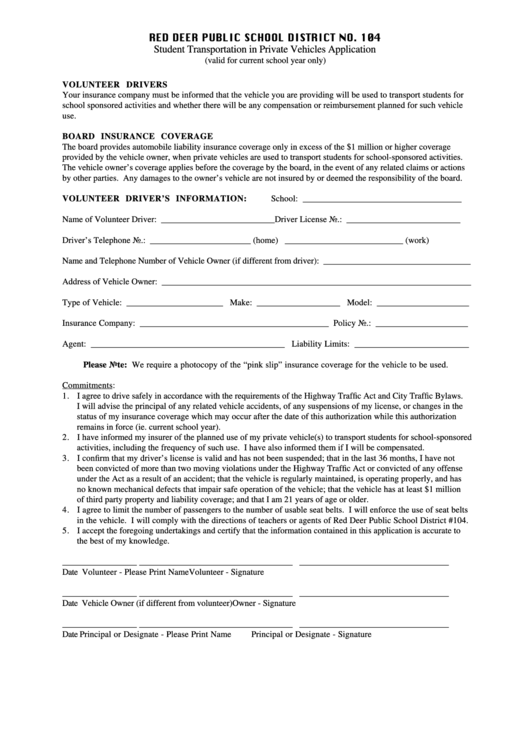 Volunteer Driver Form Revised - Red Deer Public Schools Printable pdf