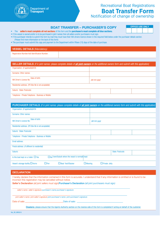 Fillable Boat Transfer Form - Department Of Transport Printable pdf