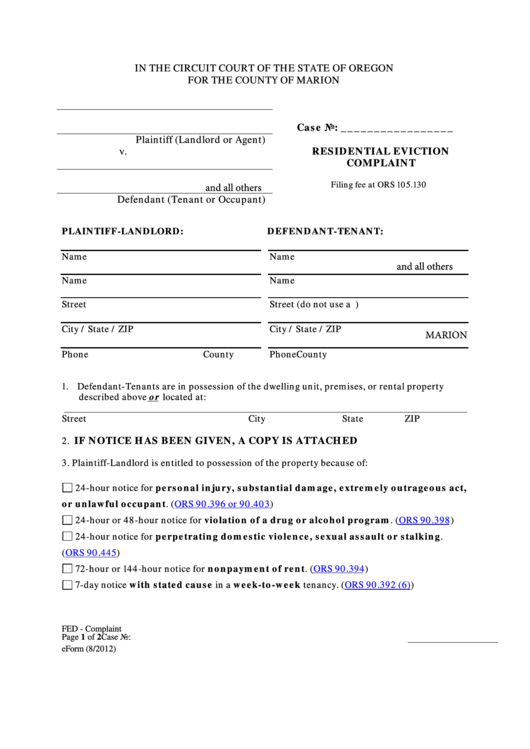 Fillable Residential Eviction Complaint Printable pdf