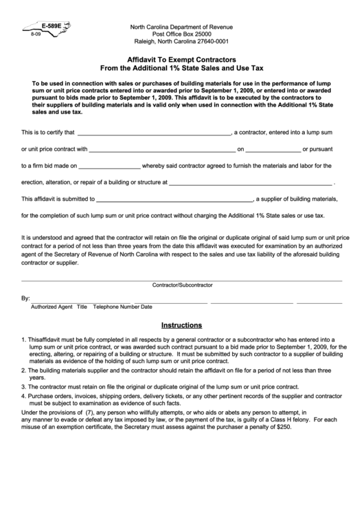 Form E-589e - Affidavit To Exempt Contractors From The Additional State Sales Printable pdf