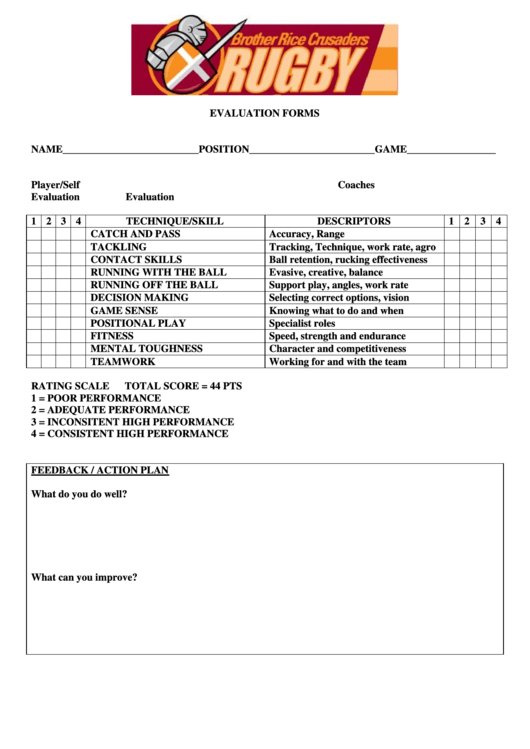 Evaluation Form - Rugby Printable pdf