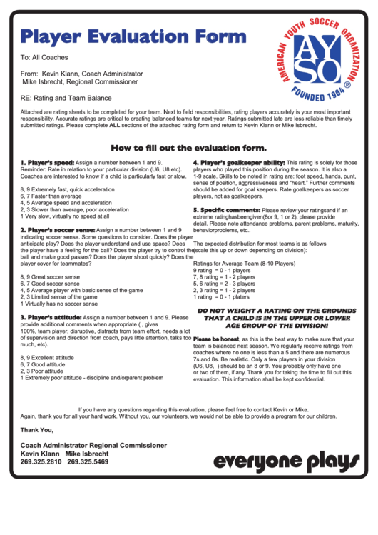 Fillable Player Evaluation Form - Ayso Region 613 Printable pdf