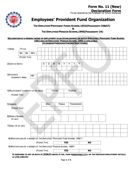Employees Provident Fund Organization - Declaration Form Printable pdf