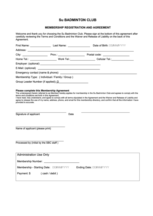 Membership Registration And Agreement Printable pdf