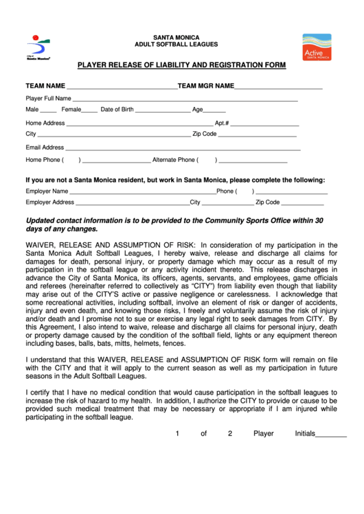 Player Release Of Liability And Registration Form - Santa Monica Adult Softball Leagues Printable pdf