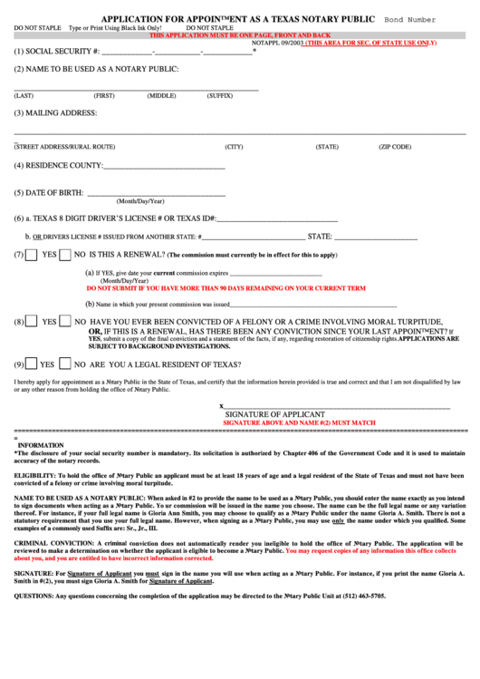Fillable Form 2301 - Application For Appointment As A Texas Notary Public, Notary Public Errors & Omissions Insurance Policy Printable pdf