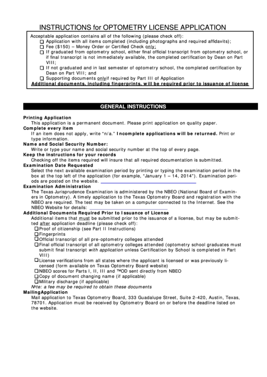 Instructions For Optometry License Application Printable pdf
