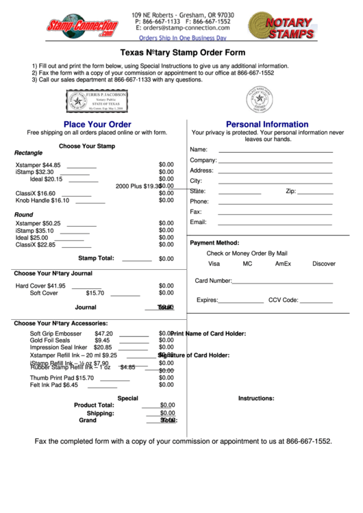 Fillable Texas Notary Stamp Order Form Place Your Stamp Connection Printable pdf