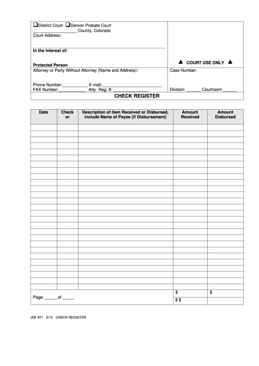 Fillable Check Register Form For Colorado State Courts Printable pdf