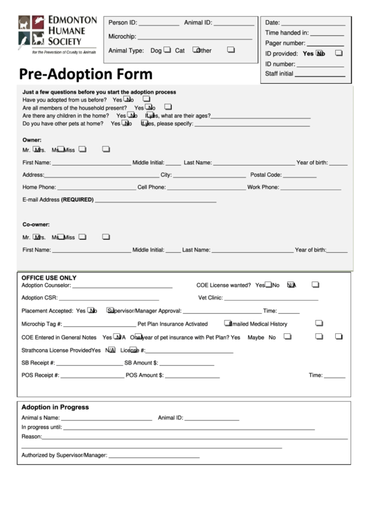 Pre Adoption Form Edmonton Humane Society printable pdf download