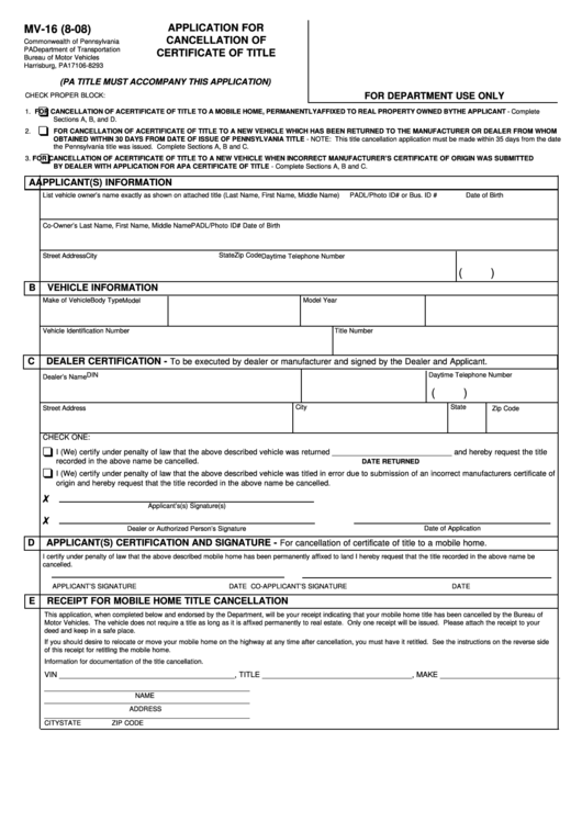Fillable Form Mv 16 - Application For Cancellation Of Certificate Of Title Printable pdf