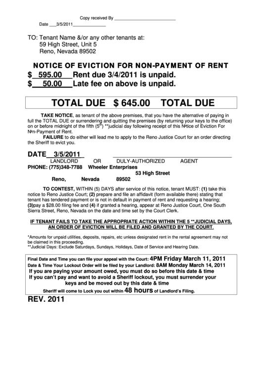 Sample Notice Of Eviction For Non Payment Of Rent Printable pdf