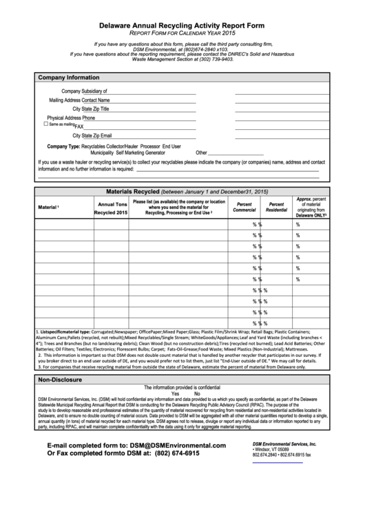 Fillable Delaware Annual Recycling Activity Report Form Printable pdf
