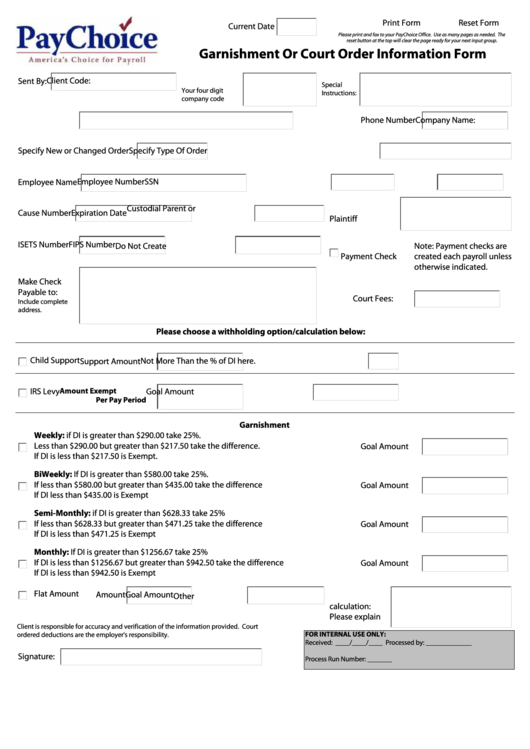 Garnishment Or Court Order Information Form