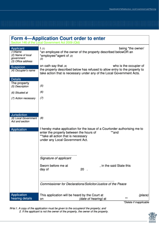Form 4 Application Court Order To Enter Local Government Act (2009