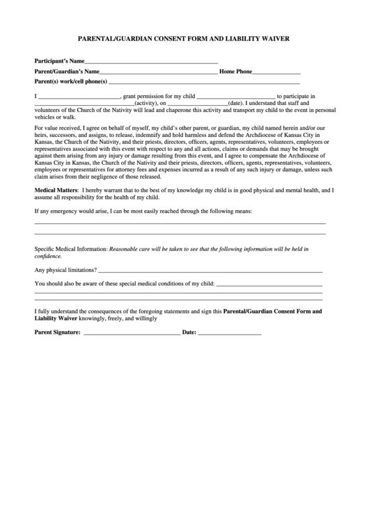 Youth Trip Release Form - Church Of The Nativity Printable pdf