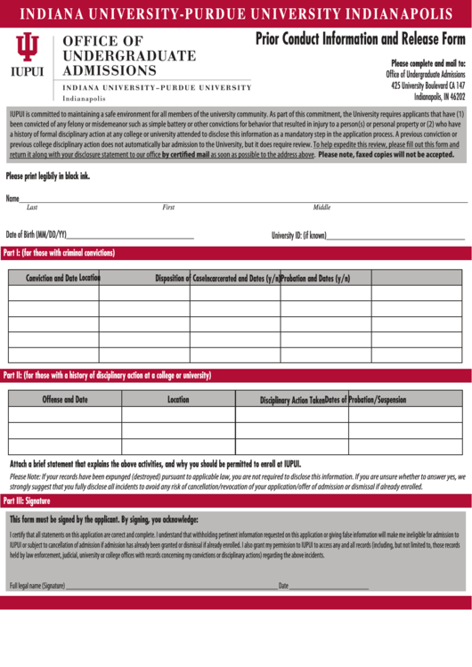 Prior Conduct Information And Release Form - Iupui Indiana Printable pdf