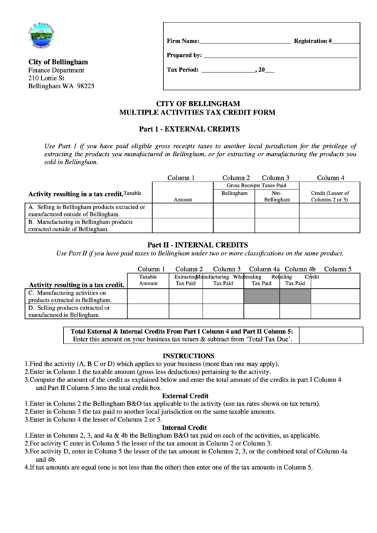 Multiple Activities Tax Credit Form - City Of Bellingham Printable pdf