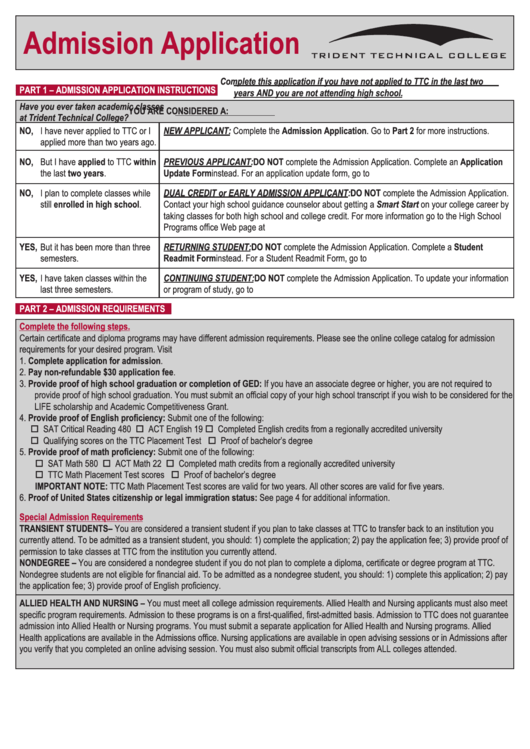 Admission Application Trident Technical College Printable pdf
