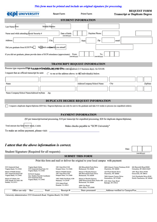 Fillable Official Transcript Request Form - Ecpi University Printable pdf