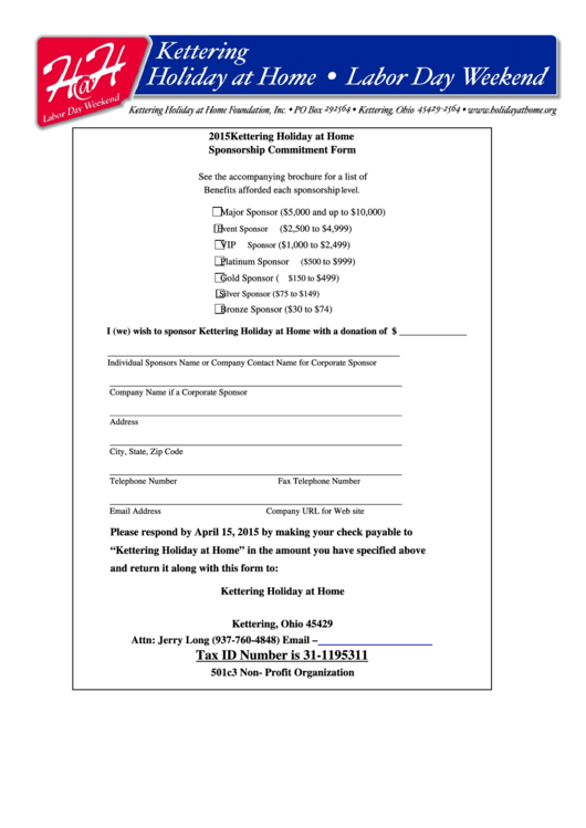 Signup Form For Sponsorship Holiday At Home Printable pdf