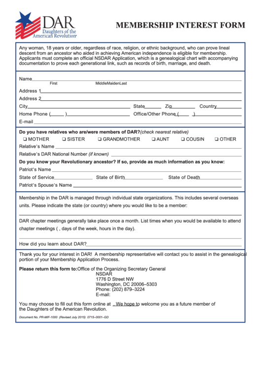 Membership Interest Form - Daughters Of The American Revolution