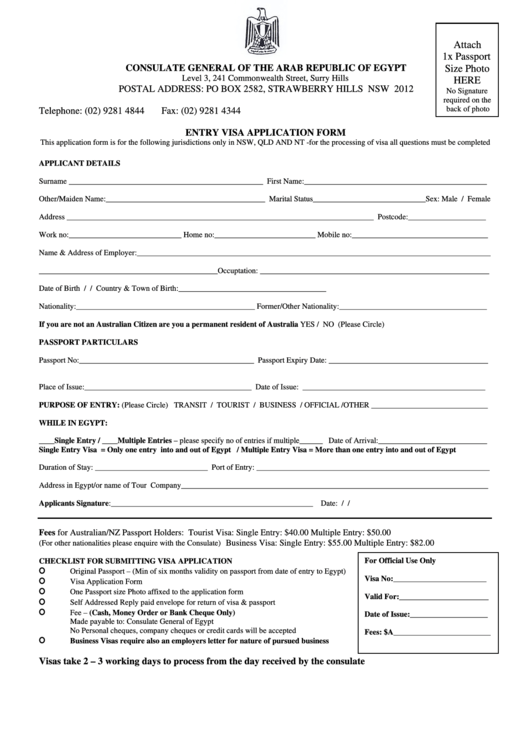 Entry Visa Application Form For Citizens Of Australia Consulate General Of The Arab Republic