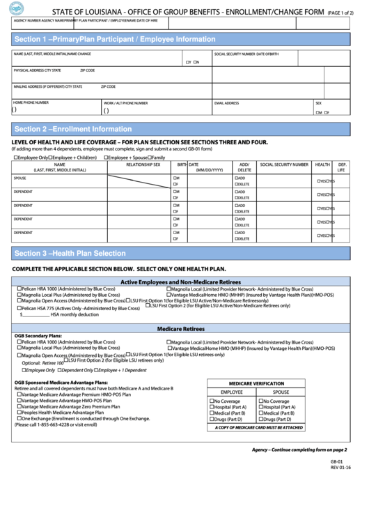 Fillable Office Of Group Benefits - Enrollment Change Form Printable pdf