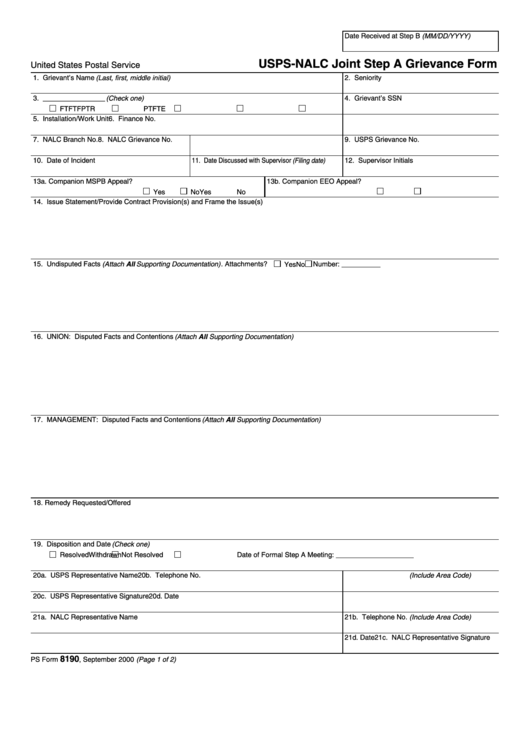 Fillable Ps Form 8190 Usps Nalc Joint Step A Grievance Form Printable pdf