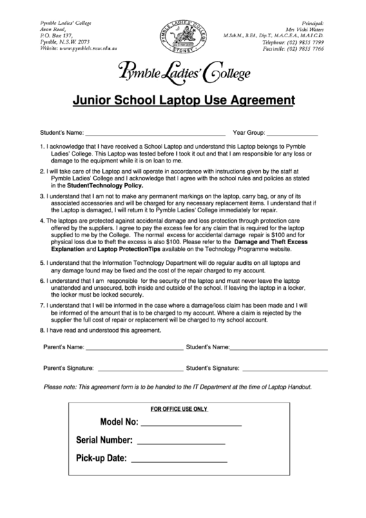 Laptop Loan Agreement - Pymble Ladies College Printable pdf