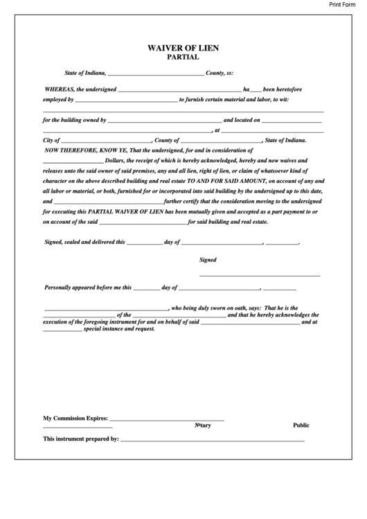 Fillable Waiver Of Lien Printable pdf