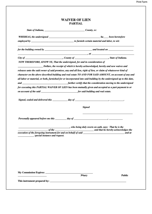 Generic Printable Lien Waiver Form