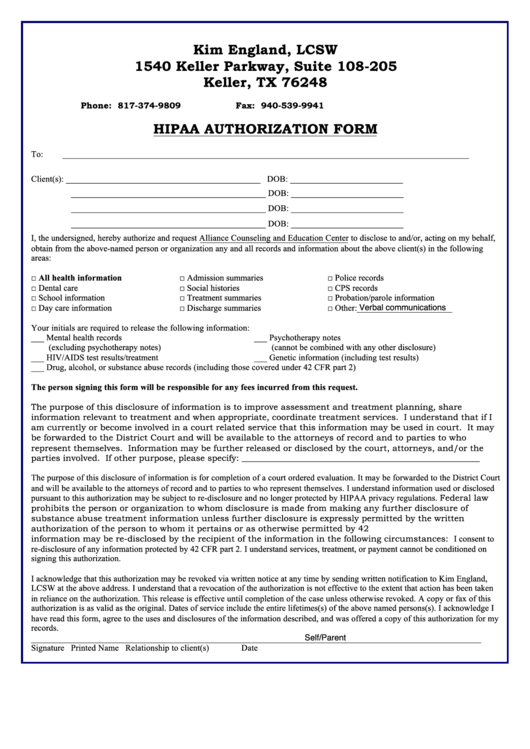 Fillable Hipaa Authorization Form Alliance Counseling Education Center Printable pdf