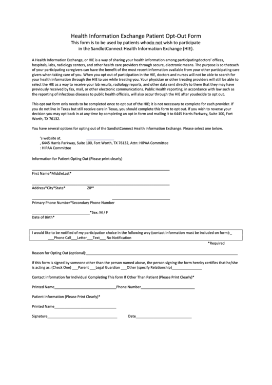 Health Information Exchange Patient Opt Out Form Printable pdf