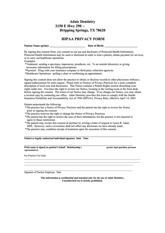 Hipaa Privacy Form - Adair Dentistry Printable pdf